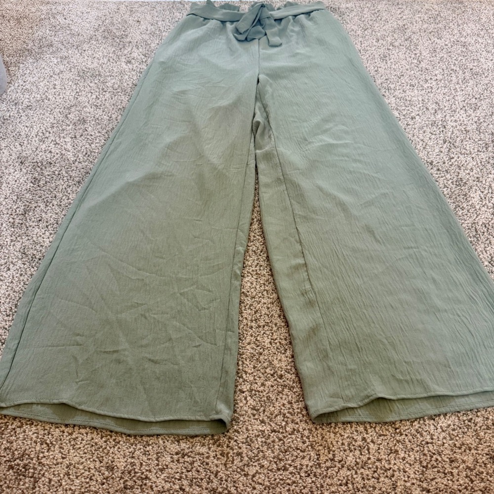 XL Sage Green Wide Leg Paperbag Waist Tie Pants flowy cottage resort earthy